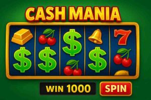Slot Cash Mania com rolos coloridos e símbolos de moedas e diamantes
