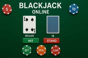 Mesa de Blackjack online com cartas, fichas e interface digital